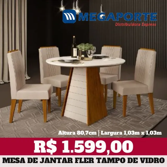 Mesa de Jantar Redonda 4 Cadeiras Tampo de Vidro (Novo) Entrega Grátis!