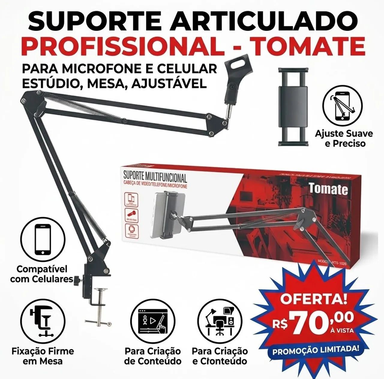 Suporte Articulado Para Microfone e Celular Estúdio Mesa Ajustável em São Luís ma 