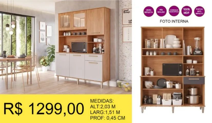 KIT DE COZINHA COM CRISTALEIRA 100% MDF A PRONTA-ENTREGA 