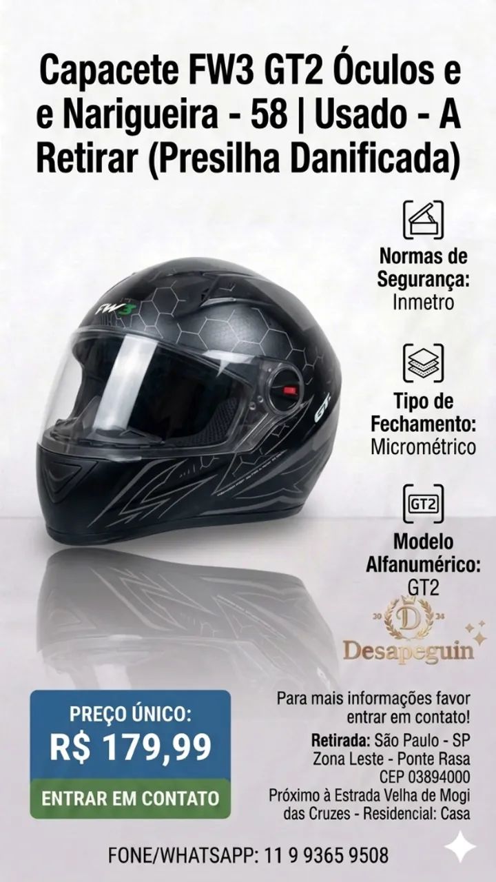 Capacete FW3 GT2 Óculos e Narigueira - 58 | Usado - A Retirar (Presilha Danificada)