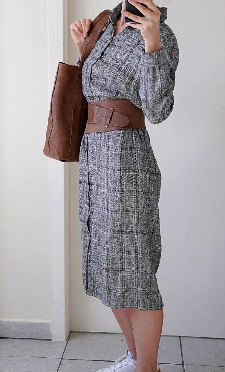 vestido chemise de linho puro xadrez