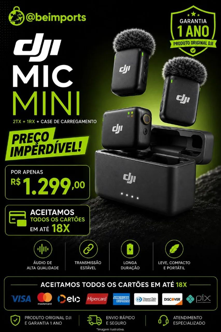 Microfone DJI Mic Mini 2TX + 1RX + CASE CARREGAMENTO  (Novos) Em até 18X 