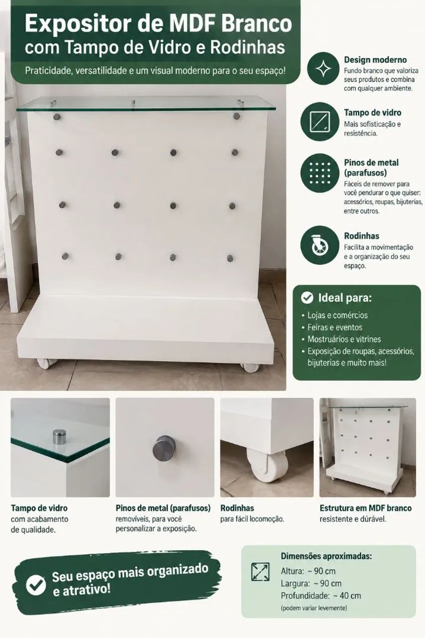 Expositor MDF branco com vidro e rodinhas - Foto 4