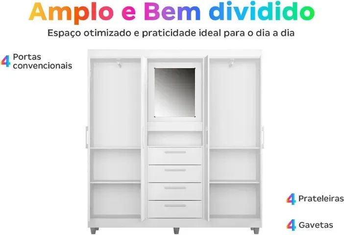 Guarda Roupa com Espelho 4 Portas 4 Gavetas