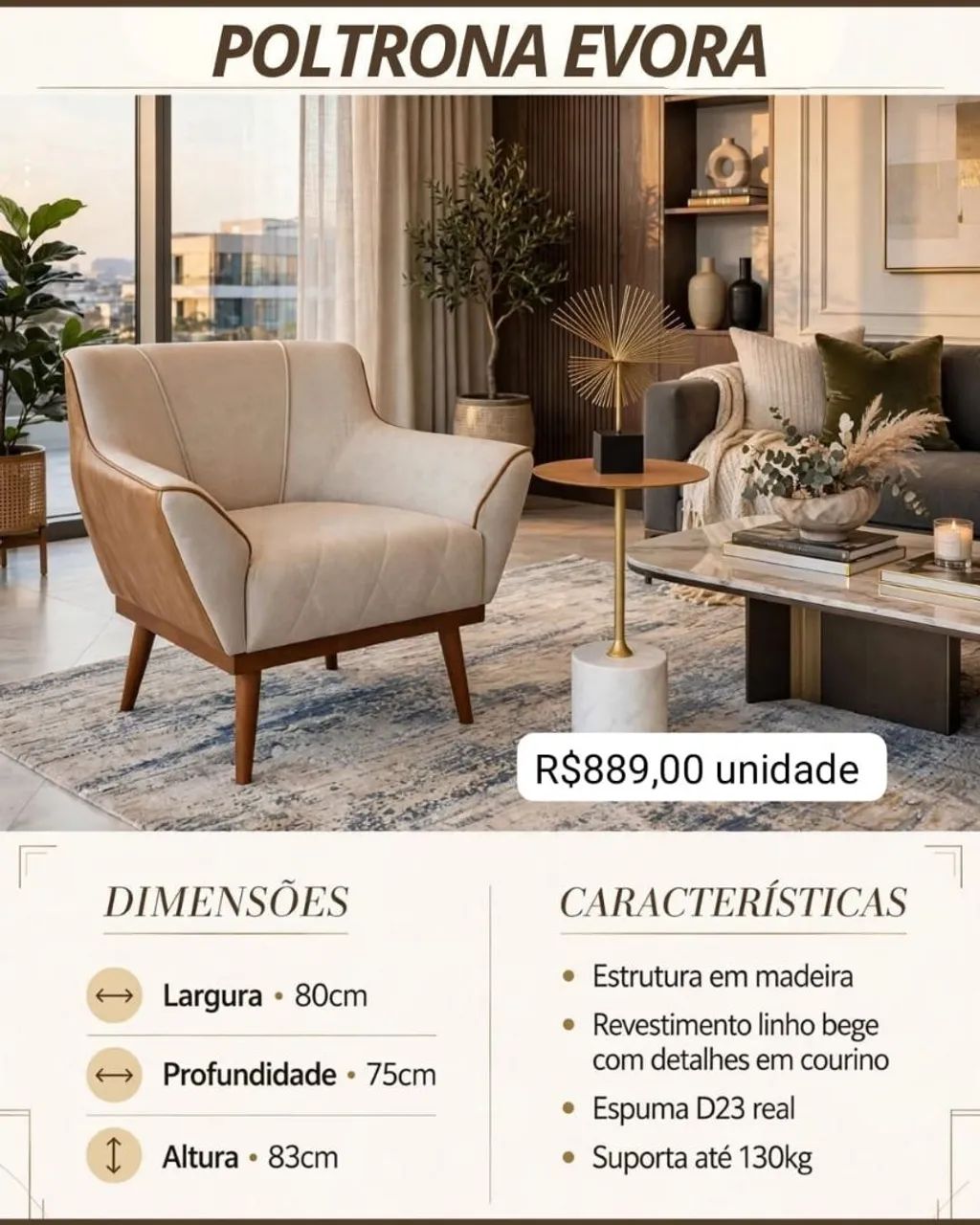 Poltrona Évora estrutura em madeira 
