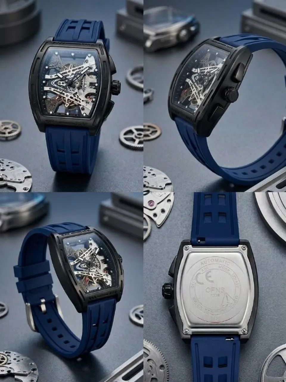 Relógio OFNS 1209 Skeleton Original - Preto e Azul em Borracha