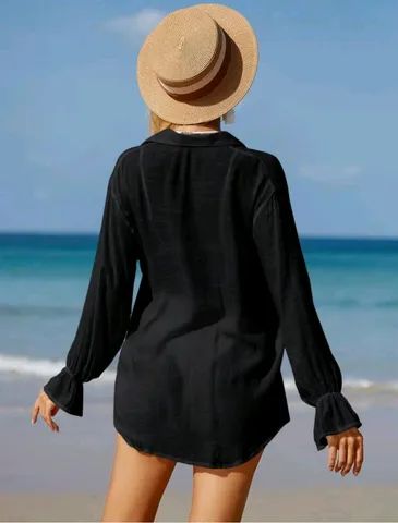 Roupa de praia short e camisa de botão preta  - Foto 4