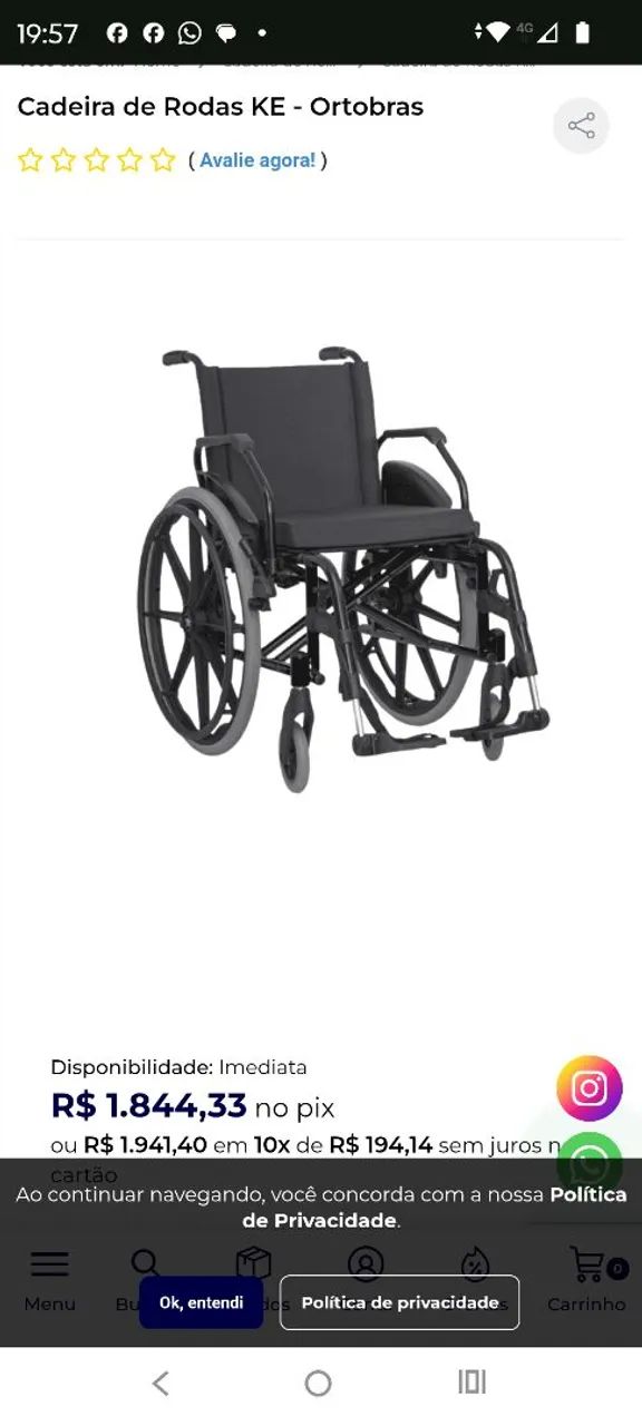 Cadeira de rodas KE super forte ORTOBRÁS, NOVA,  040cm de largura, altura e profundidade. 