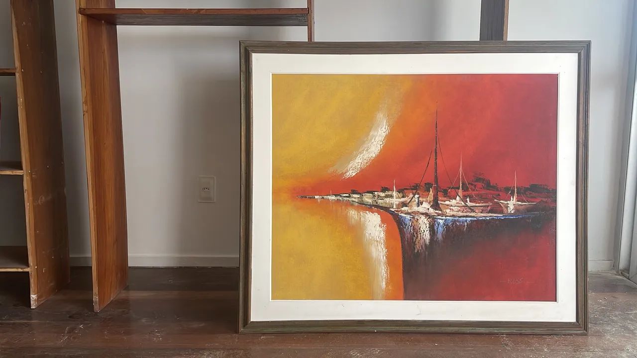 Lindo Quadro a Óleo Grande Original de Rossi - Arte abstrata tela sobre oleo com barcos - Foto 4