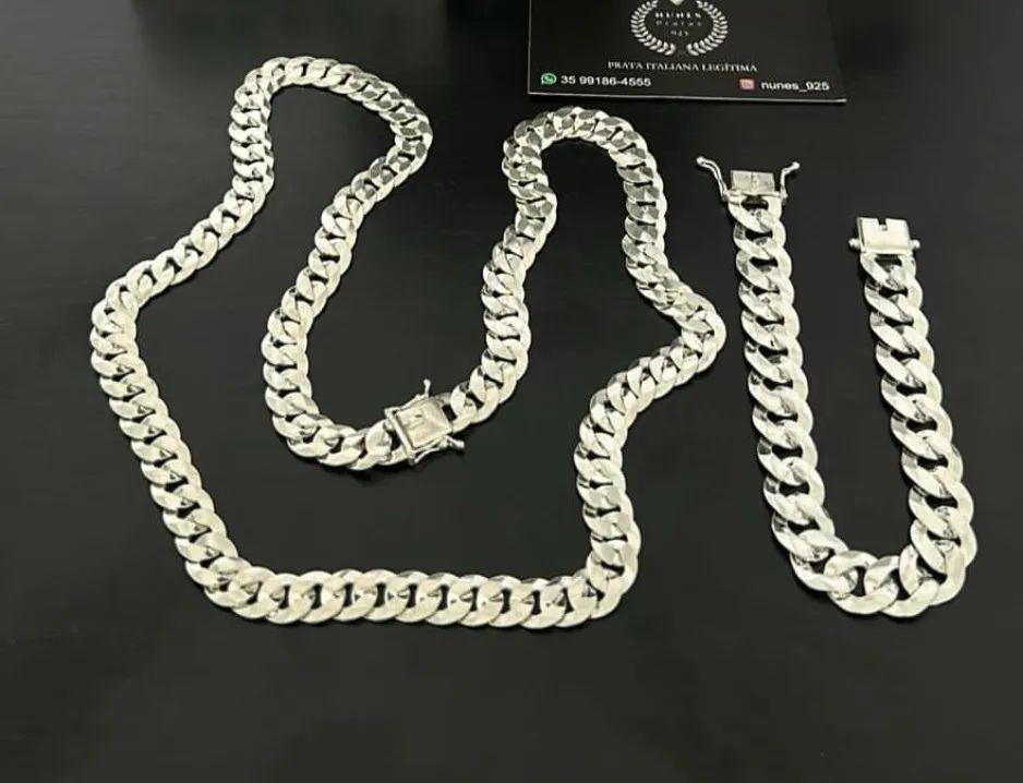 Conjunto Corrente e Pulseira Prata Italiana 925