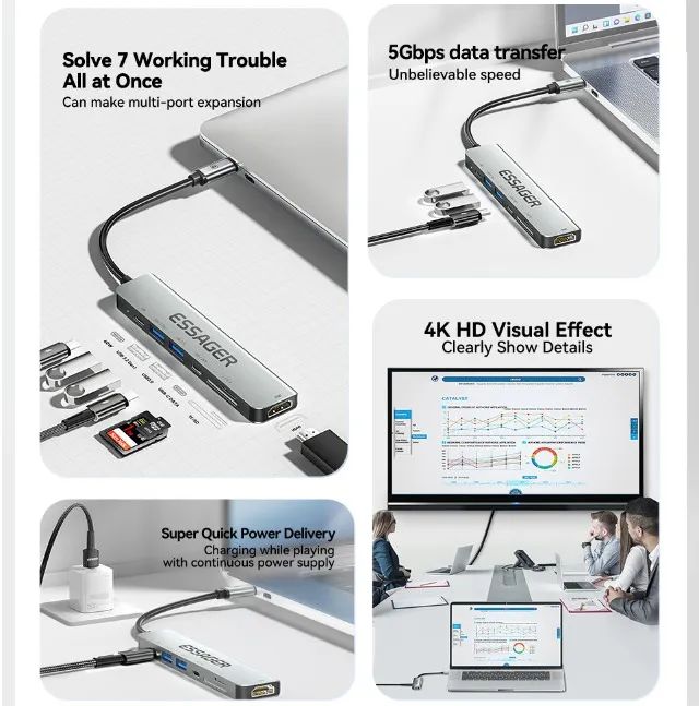 Hub Adaptador 7 in 1 Essager 60w Hdmi 4k 30hz - Foto 4