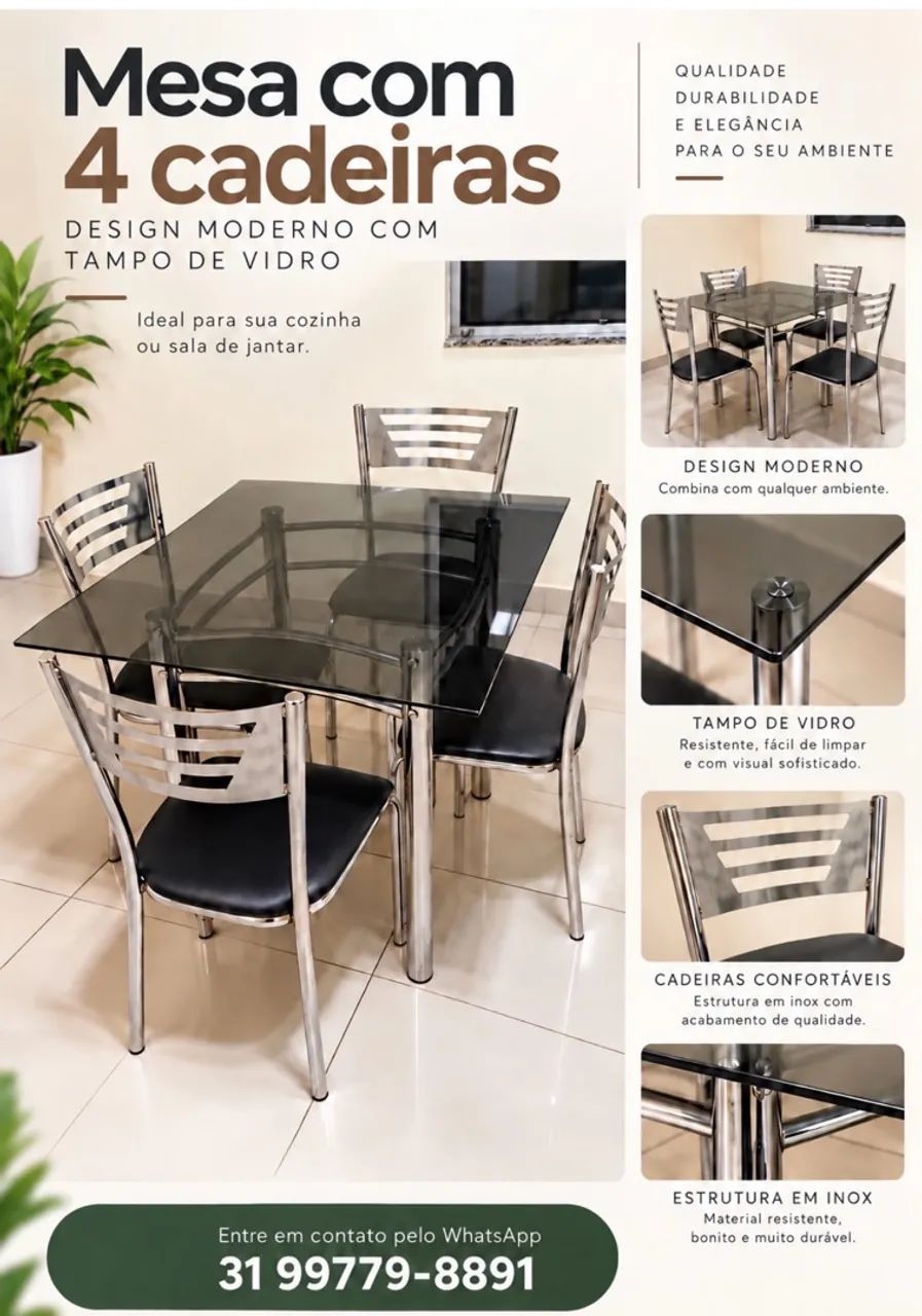 Mesa de 4 cadeiras inox 