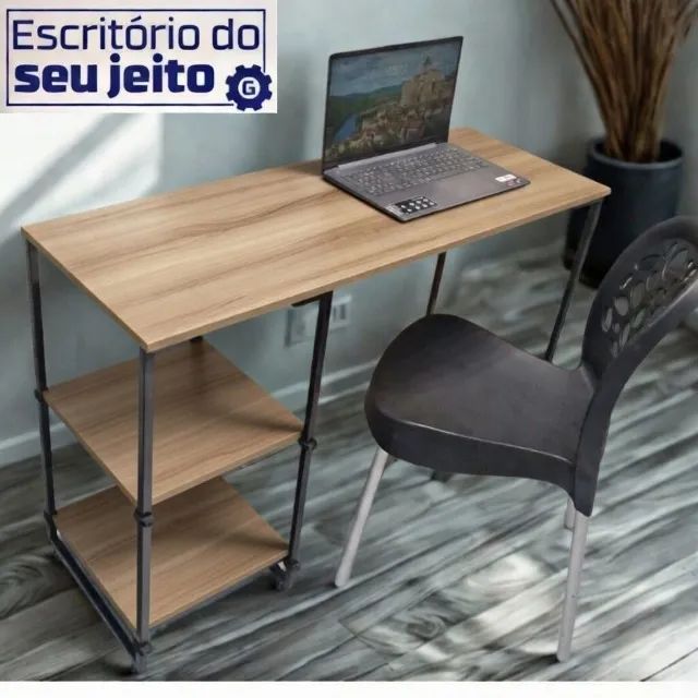  Mesa Industrial com prateleira Amadeirada 1,1m NOVA Multiuso para Computador Notebook Bir