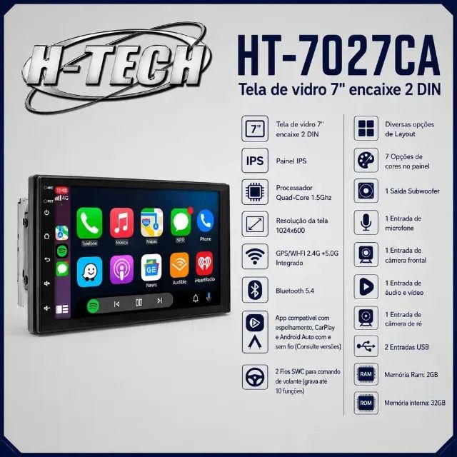 Multimidia Android H-tech 2/32gb tela de vidro IPS com Carplay e Android auto sem fio