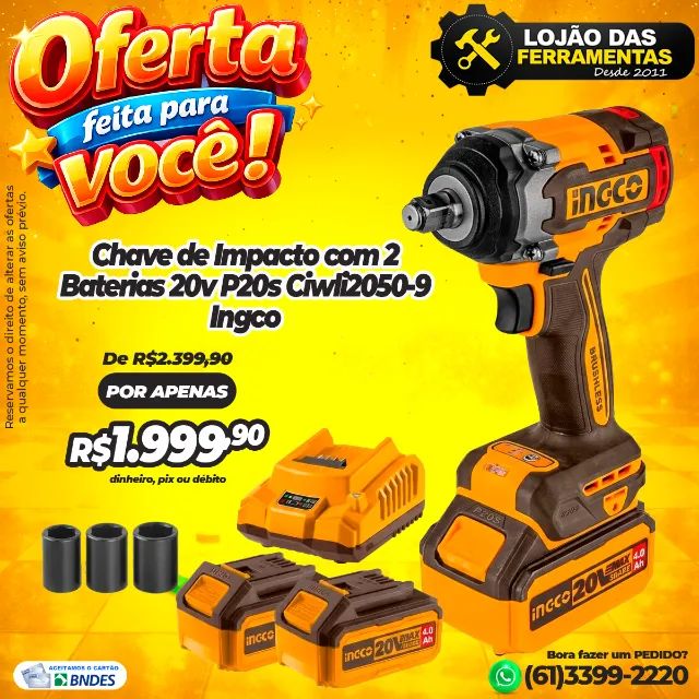 Chave de Impacto a Bateria 20v P20s Ciwli2050-9 Ingco