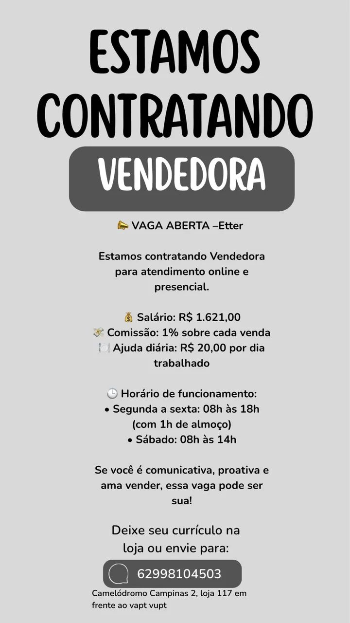 Vaga para vendedora 