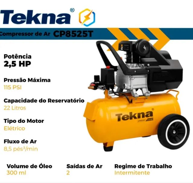 Compressor De Ar 8 Pés 24l 2,5hp 127v Cp8525t-1c Tekna - Foto 3