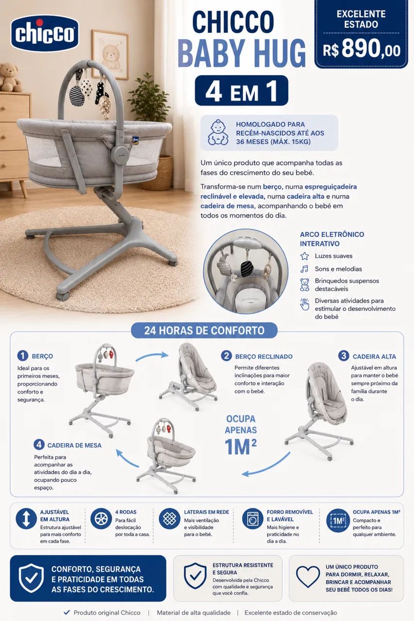 Berço Portátil Moisés - Chicco - Baby Hug 4 em 1 - Glacial  *PERFEITO ESTADO* - Foto 3