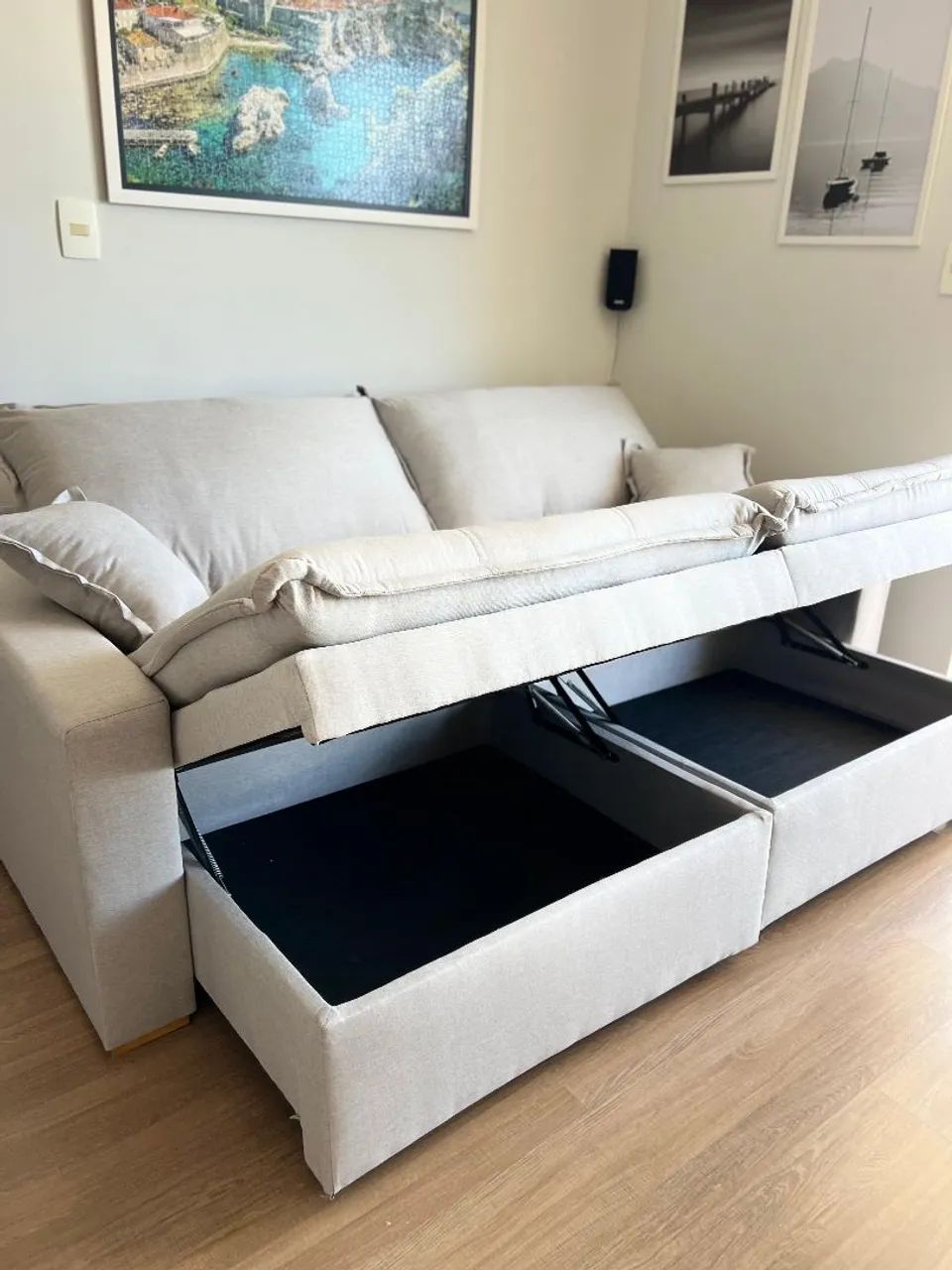 Sofá cama NOVO com baú em linho elegante e confortável 
