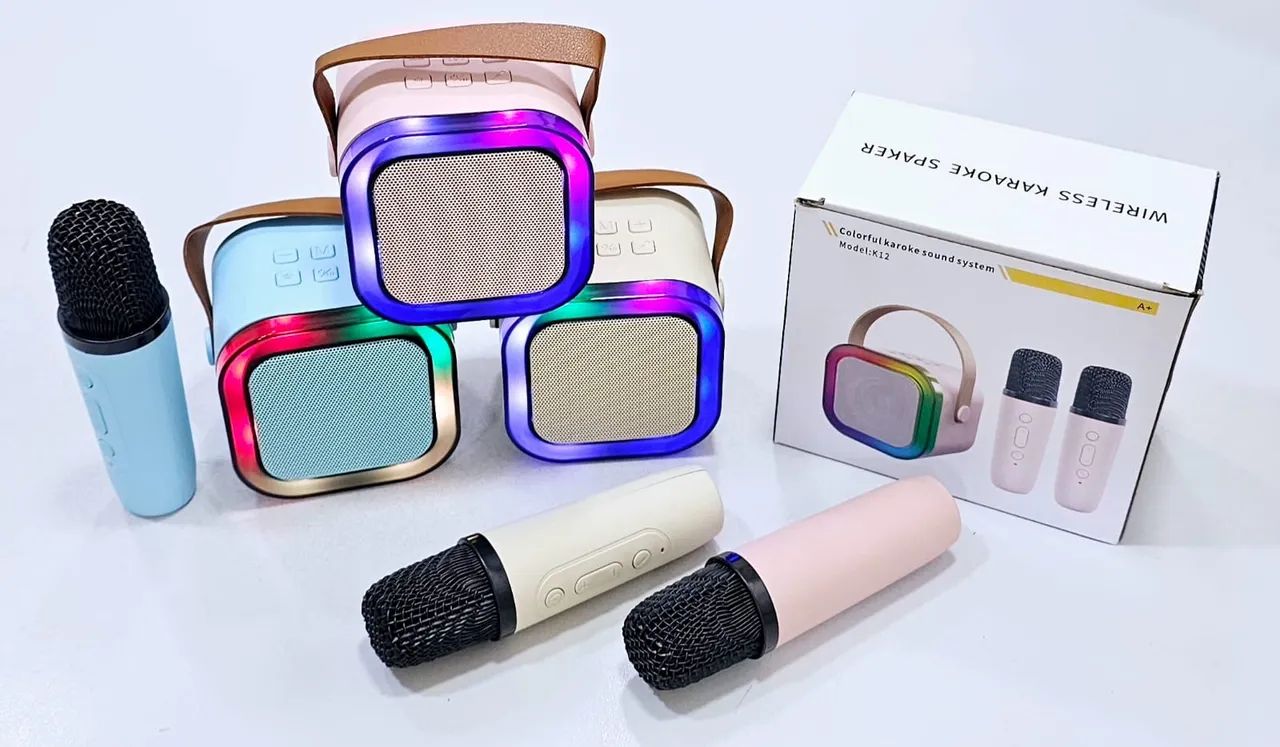 Caixa de Som Karaokê Portátil com Microfones LED
