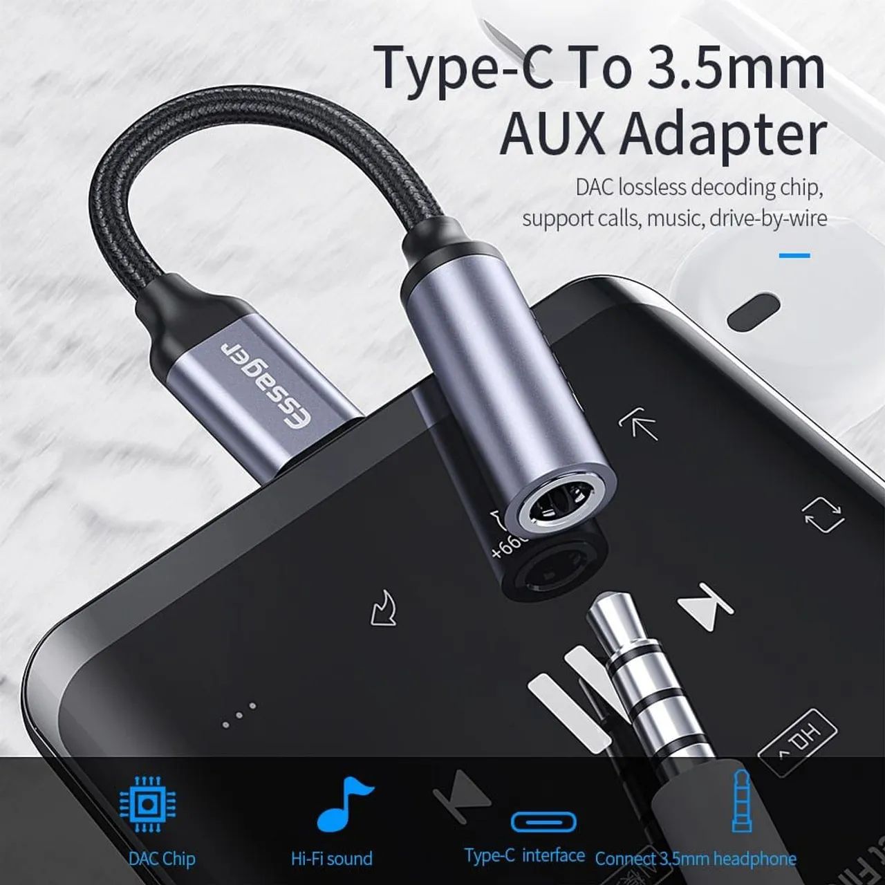 Adaptador de áudio USB-C para 3,5mm auxiliar 