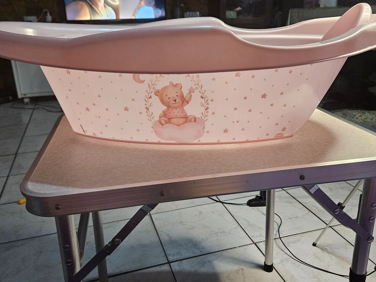Kit Banheira de bebê rosa com estampa de ursinho