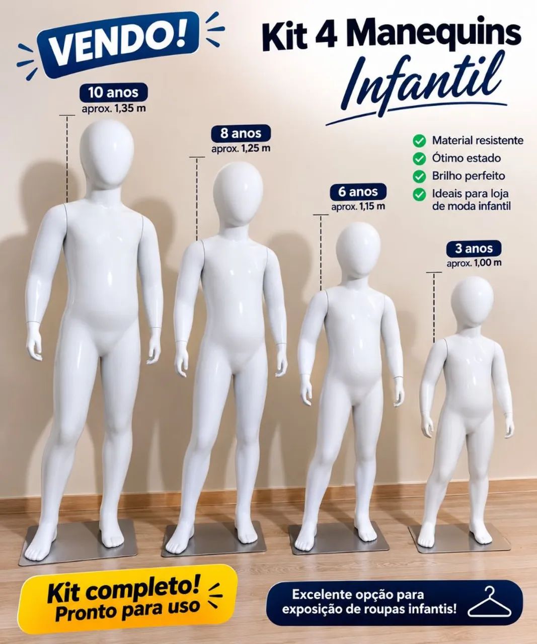 4 manequins infantis com base cromada, 2, 6, 8,10 anos - Foto 2