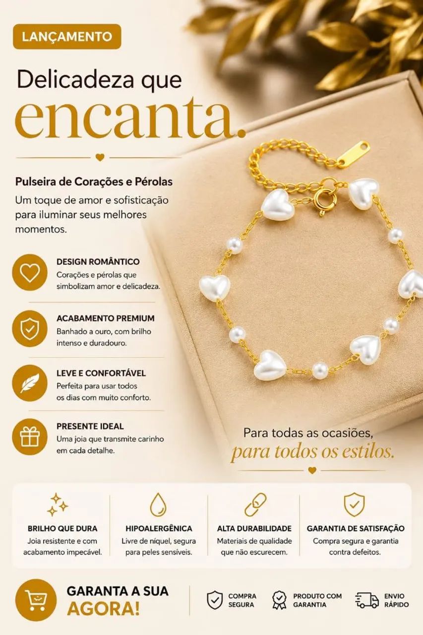 Pulseira Corações e Pérolas Banhada a Ouro - Hipoalergênica Romântica