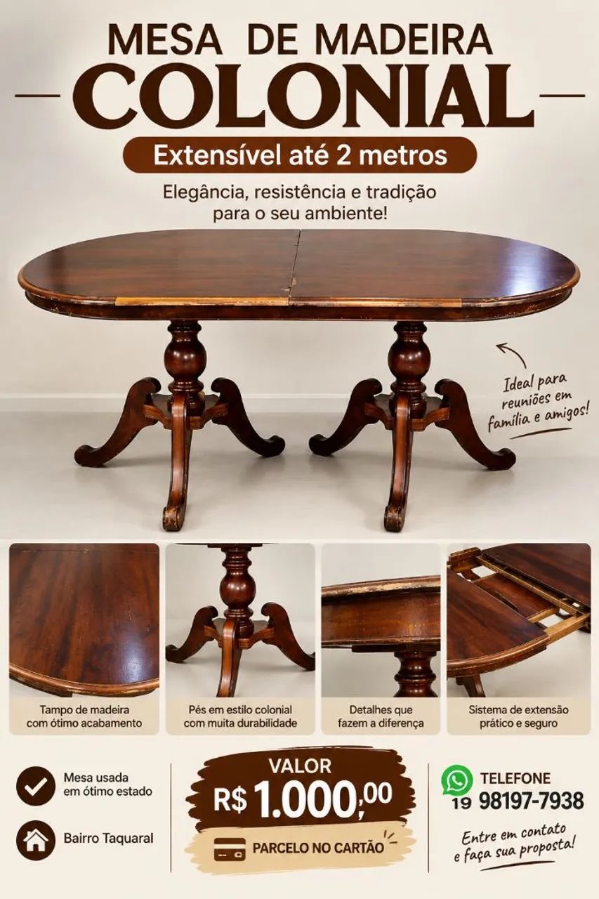 Mesa madeira colonial expasivel 