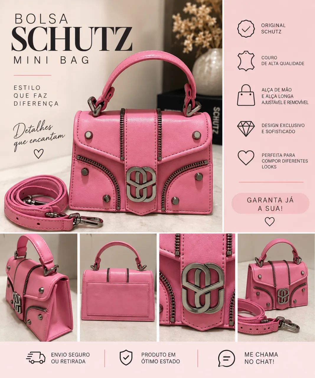 Bolsa Schutz Original Couro Rosa Mini Bag + Alça