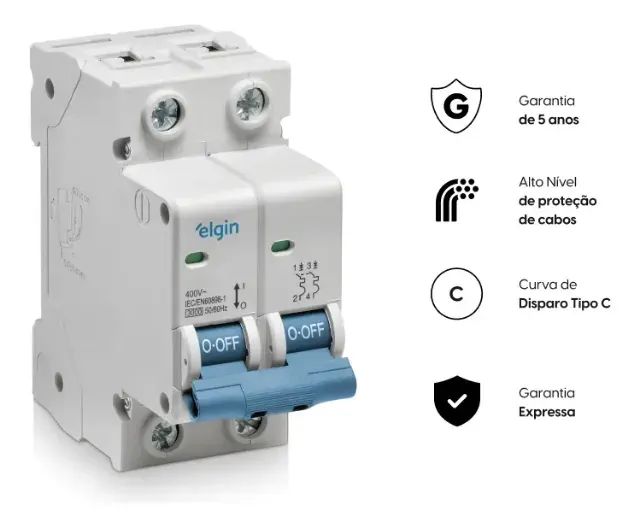 Disjuntor Bipolar 2P Elgin 10a 16a 20a 25a 32a 40a 50a 63a