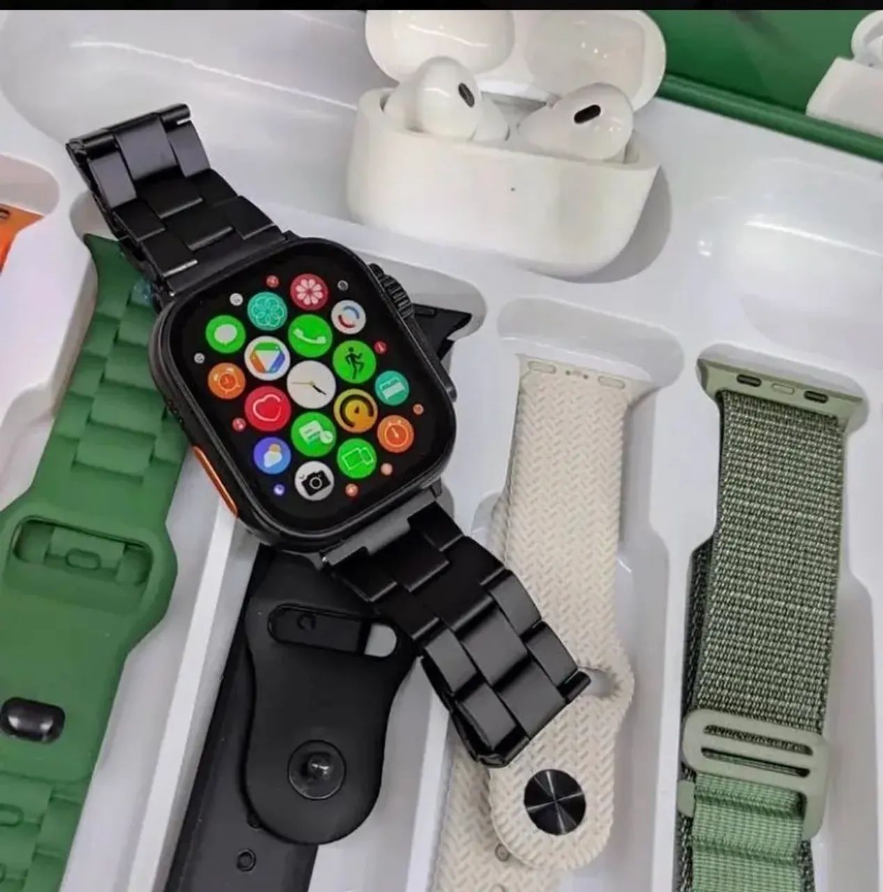 Relógio Smartwash Ws80 caixa Dourada, com 7 pulseiras e fone de ouvido 