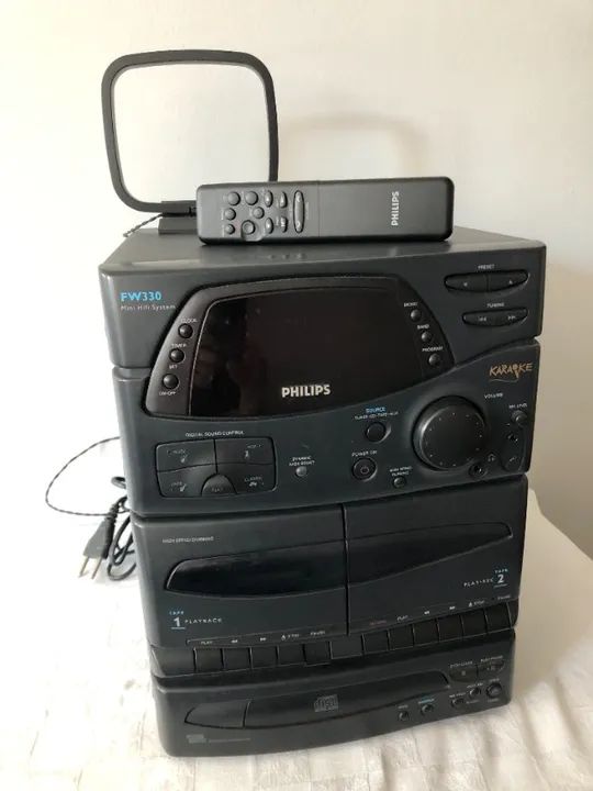 Philips FW330 Mini Hifi System - rádio, relógio, 2 toca k7, toca CD e Karaokê