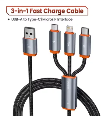 Cabo USB 3 em 1 Toocki - Carregamento Rápido para iPhone, Huawei e Xiaomi z1014