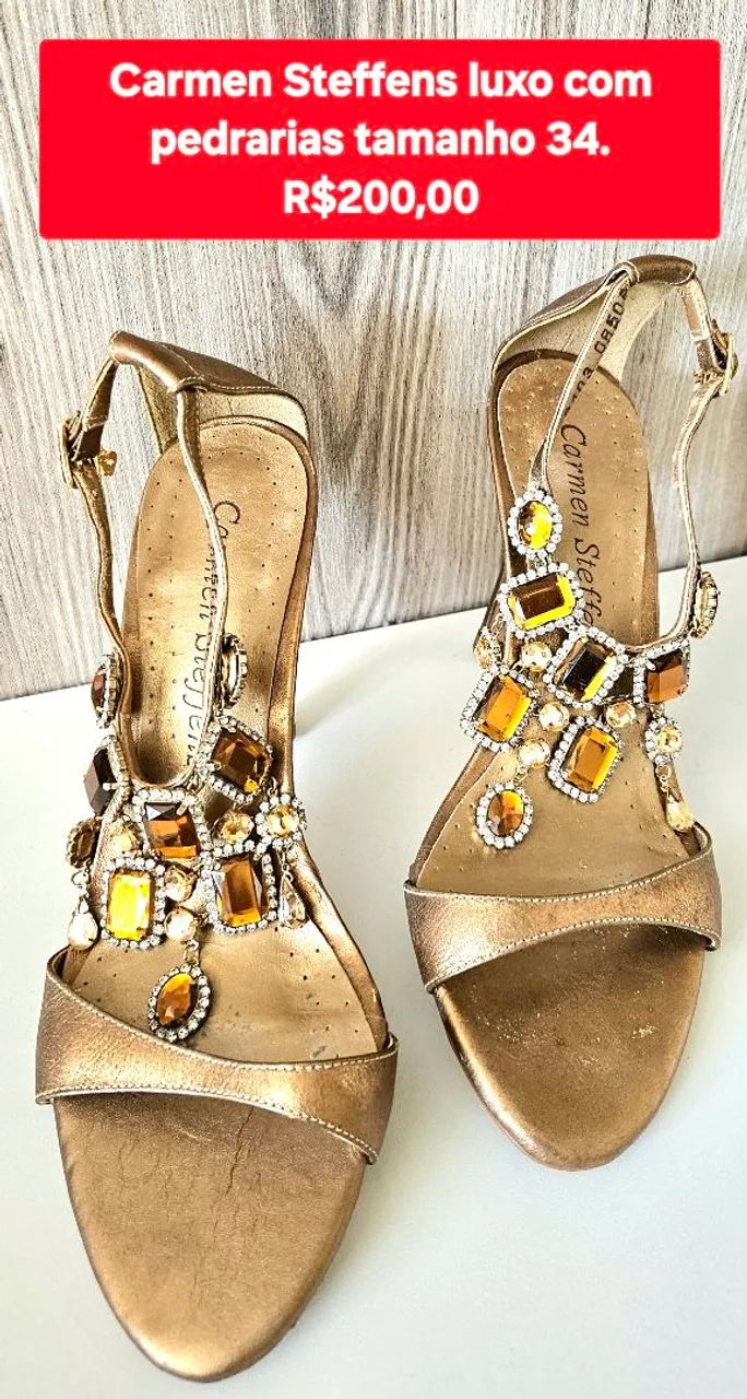Sandália Carmen Steffens Luxo Dourada com Pedrarias