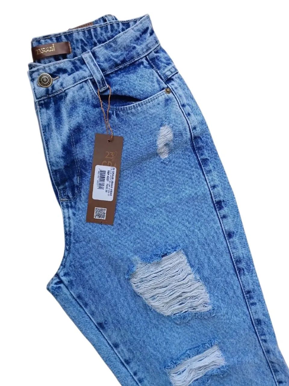 Jeans Feminina Jeans Mom Roturas Wide Leg Calça Jeans Feminina