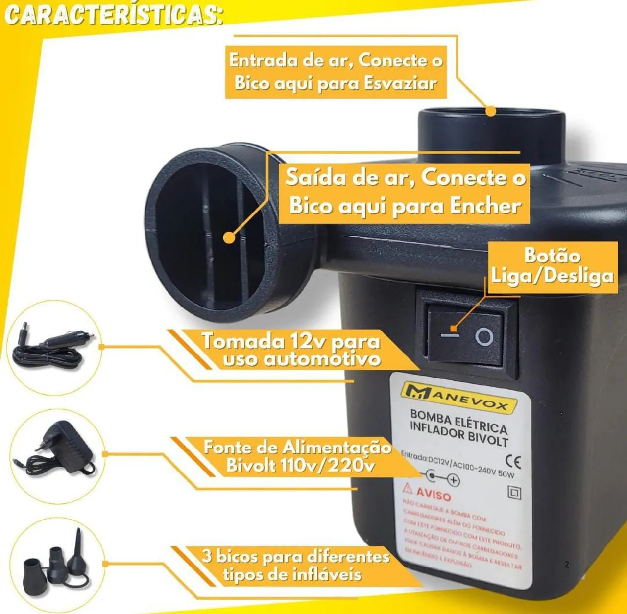 Bomba de ar inflador portatil eletrico para encher - Foto 4