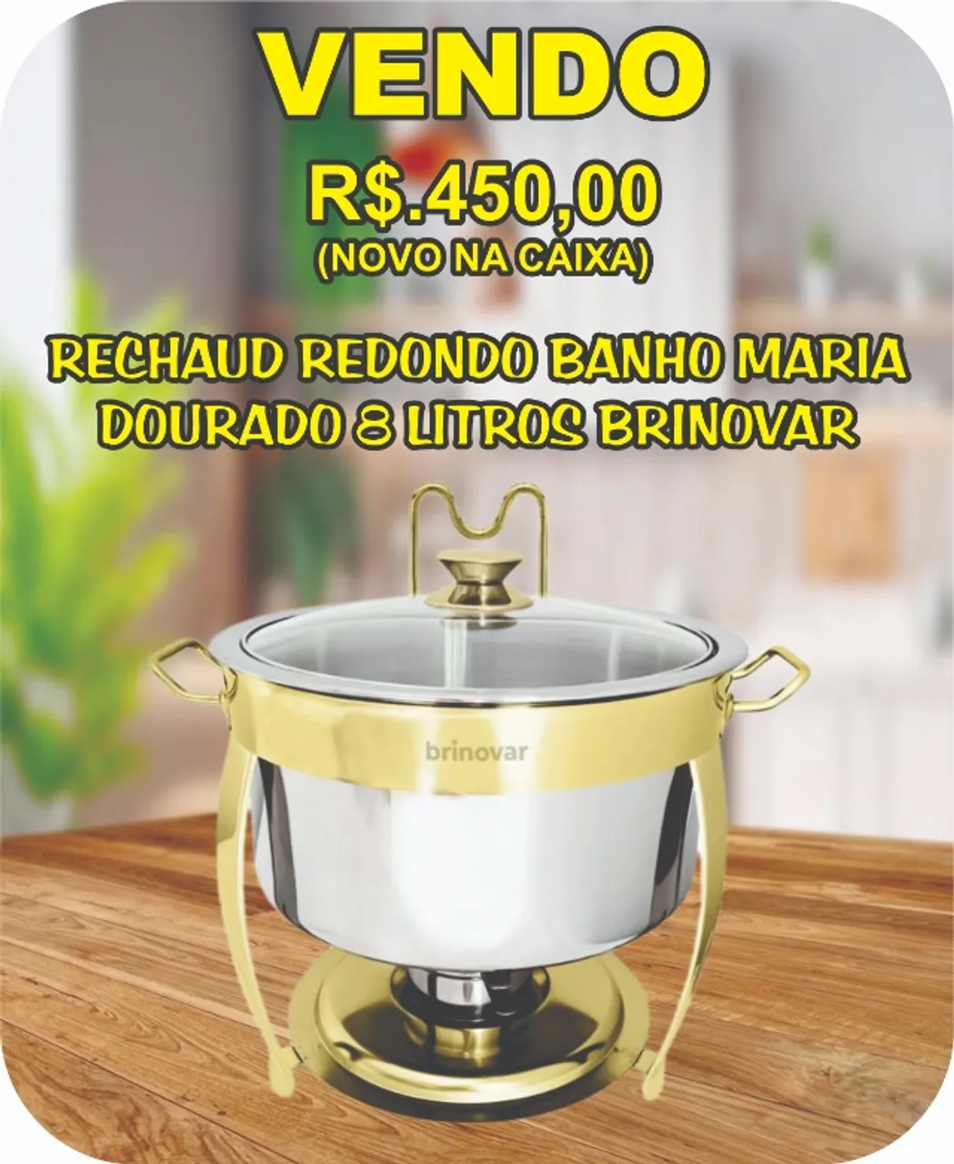 Rechaud Redondo Banho Maria Inox Dourado 8 Litros Brinovar