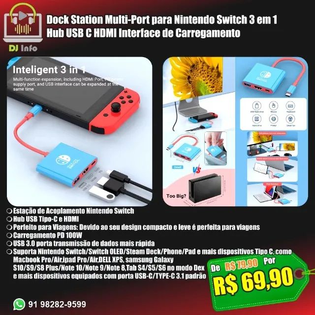 Dock Station Nintendo Switch 3 em 1 Hub USB C HDMI Carregam. Zelda