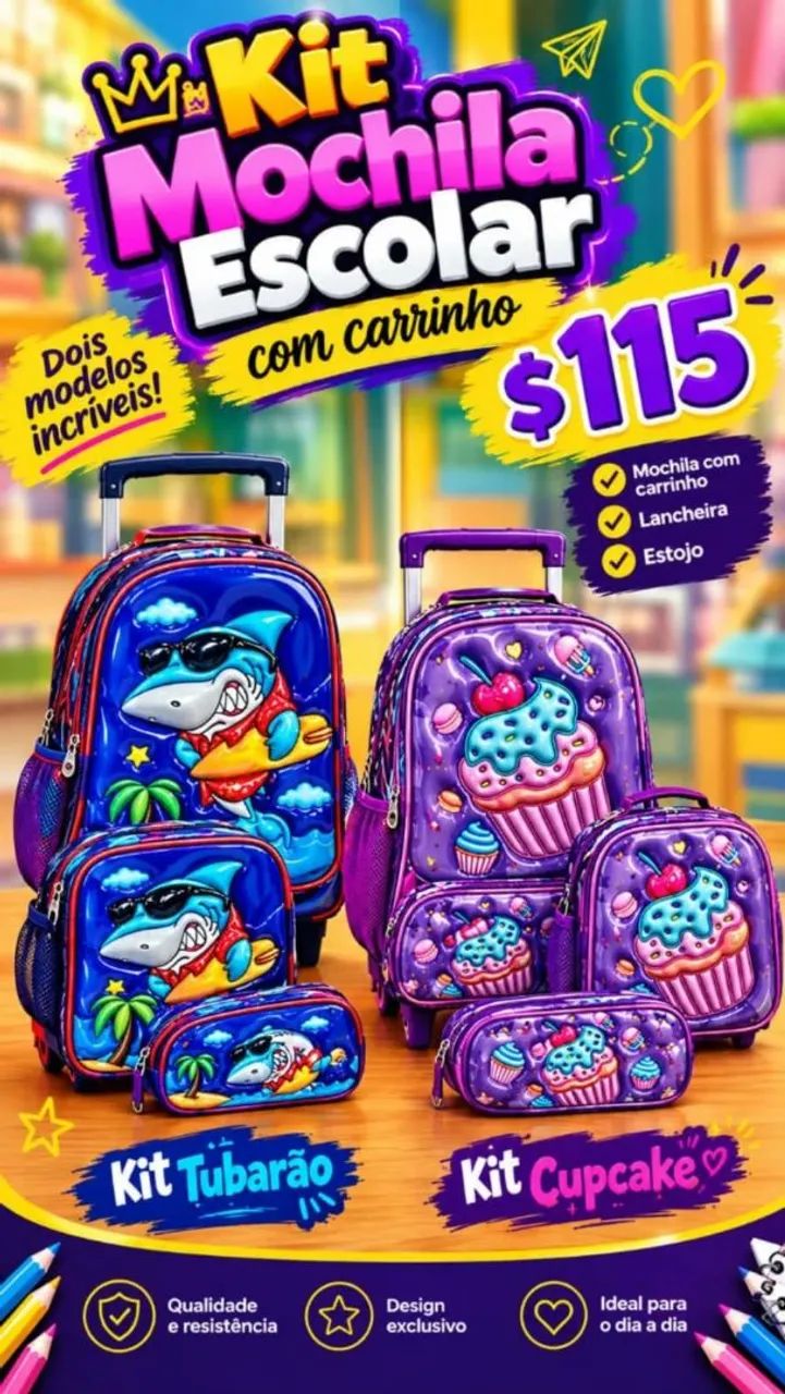 Kit mochila escolar com carrinho 