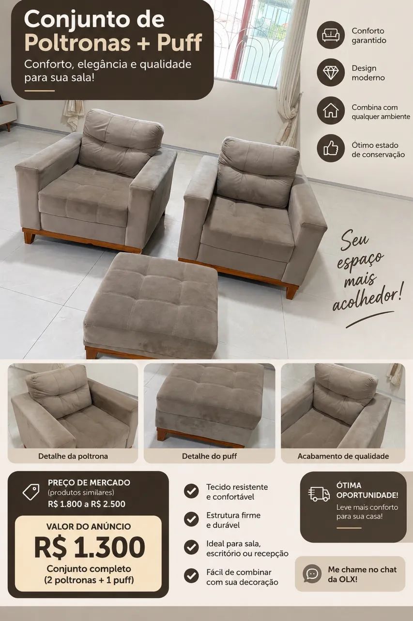 Conjunto 2 Poltronas + Puff - Confortável e Bem Conservado