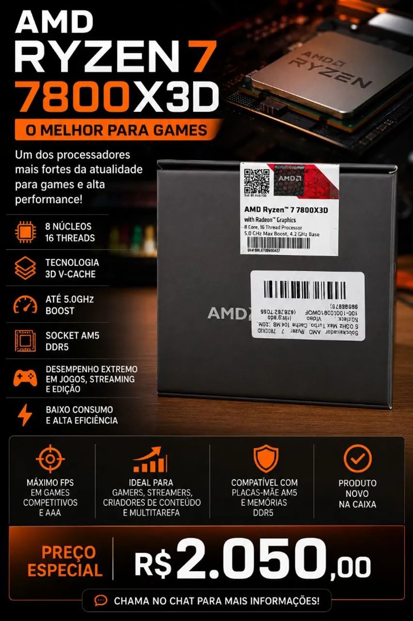 AMD Ryzen 7 7800X3D 簡易包装版 Processador AMD Ryzen 7 7800X3D AM5 4.2GHz (5.0GHz Max Turbo