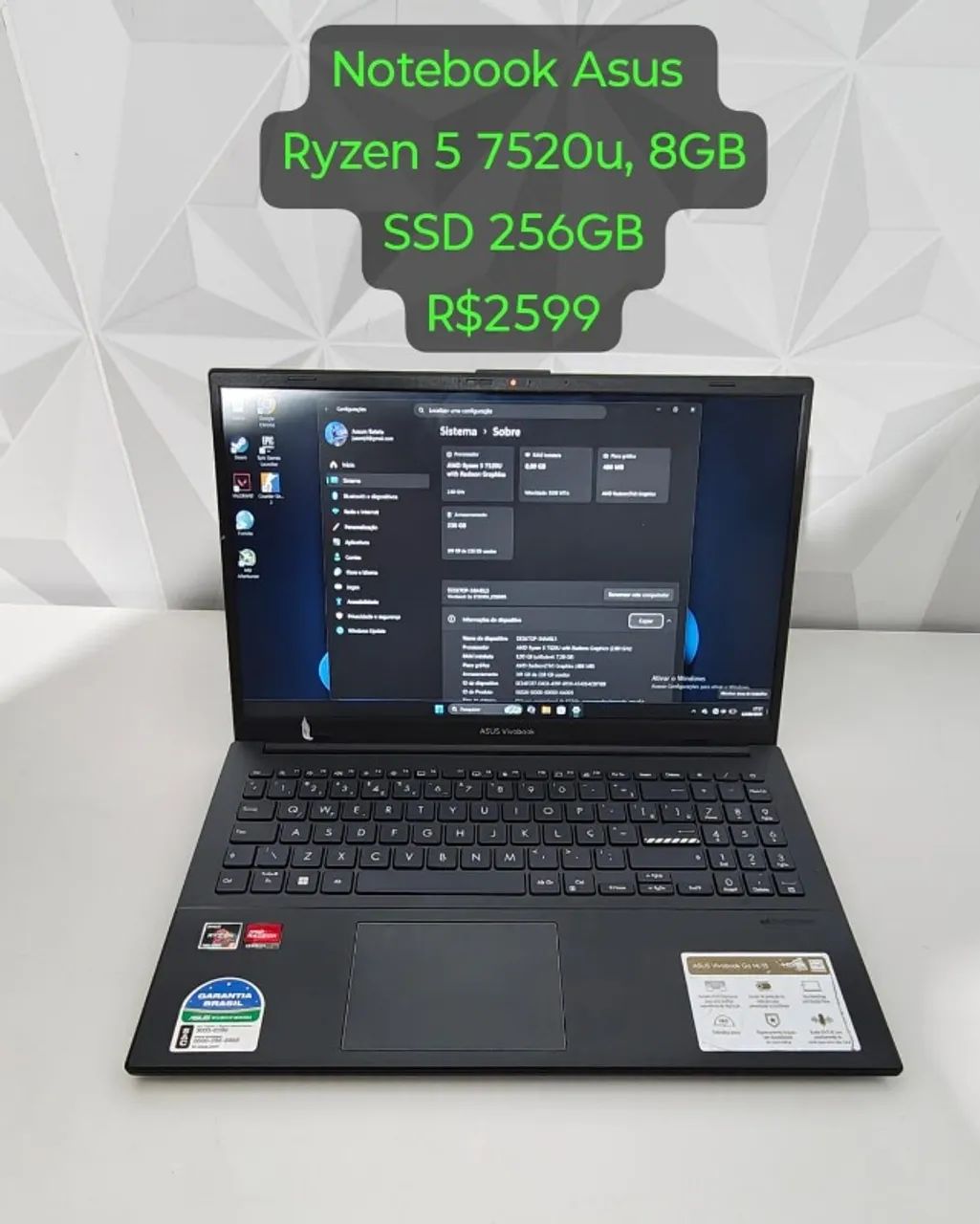Notebook Asus Ryzen 5 7520u, 8GB, SSD 256GB - Notebooks - Paraíso