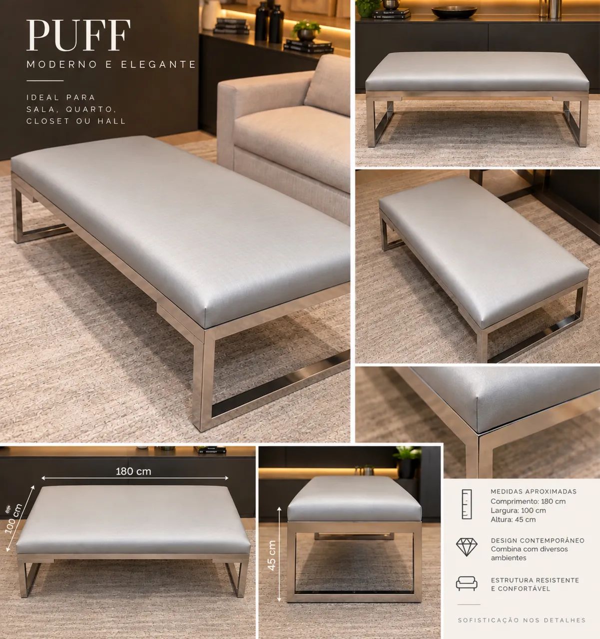 Puff/Banco Estofado Grande - Moderno, Firme e Resistente