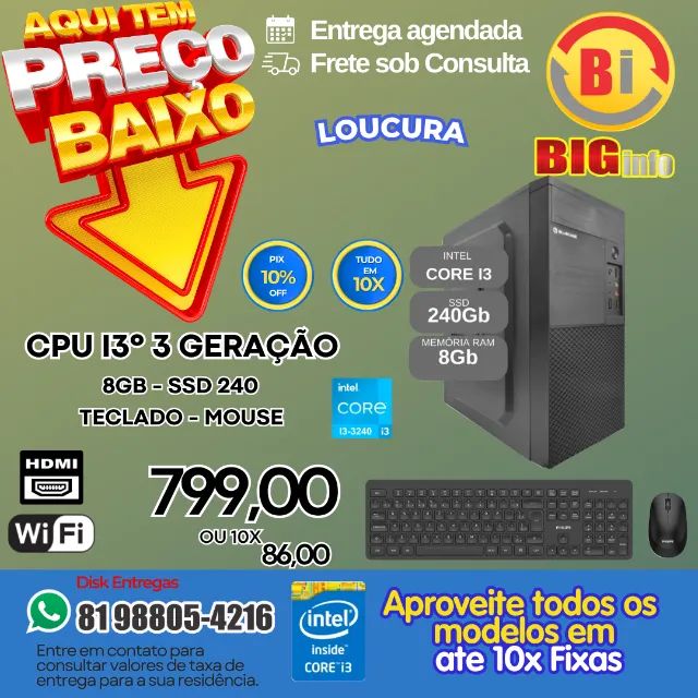 Computador CPU Big Intel Core I3 8gb Ssd 240gb - Garantia - Em ate 10x Fixas