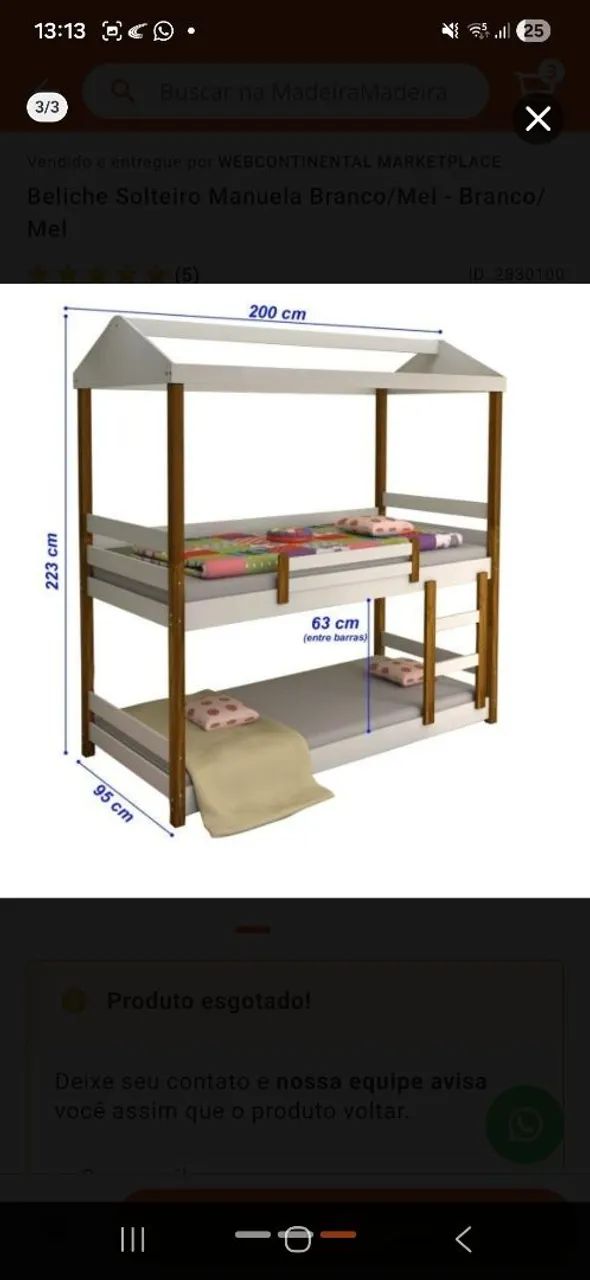 CAMA BELICHE SOLTEIRO DE CASINHA - COR BRANCO / MEL