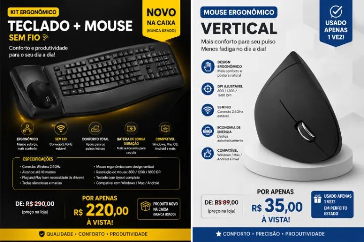 ? VENDO - KIT TECLADO + MOUSE ERGONÔMICO SEM FIO