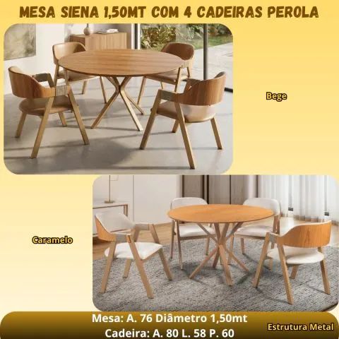 Mesa Siena redonda 1,50m com 4 cadeiras Pérola 