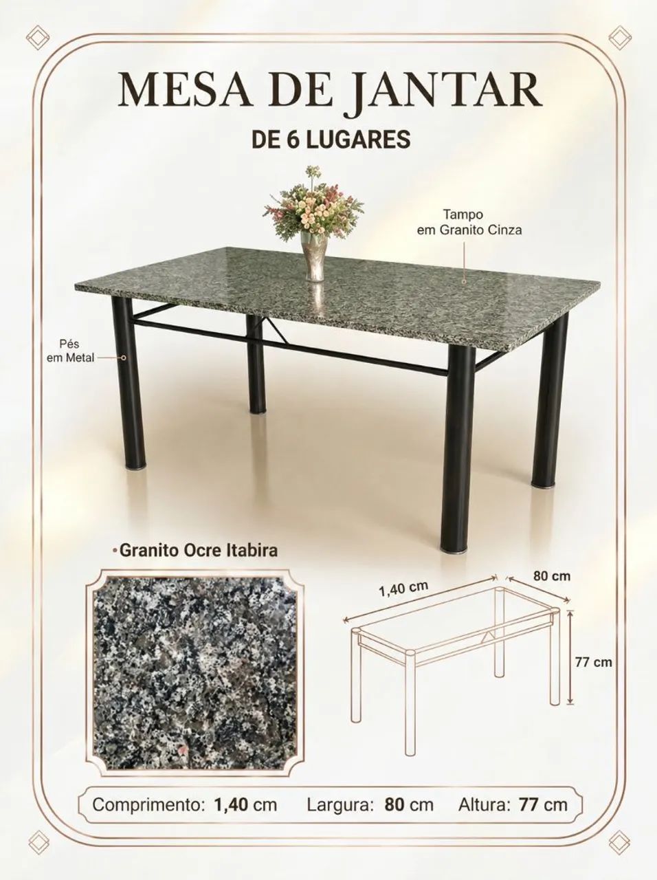 MESA DE JANTAR COM TAMPO EM GRANITO CINZA