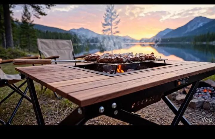 ? Mesa de Camping 2 em 1: Portátil + Churrasqueira 